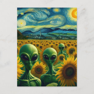 Grönt Utomjordingar i en Van Gogh-solros Fält Vykort