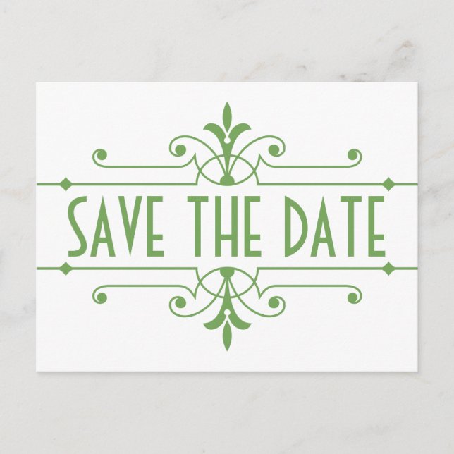 Grönt v2 Finare Ornamental Save the Date Postcard Meddelande Vykort (Framsida)