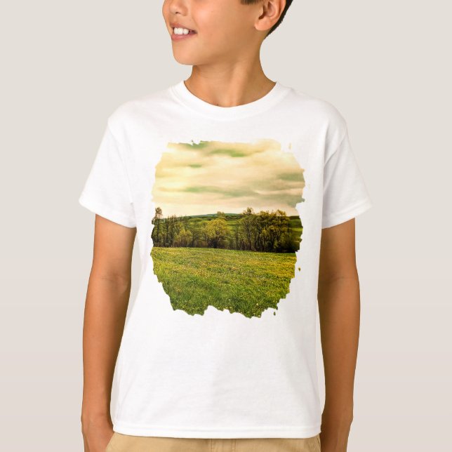 Grönt Vacker Meadow Gula blommor T Shirt (Framsida)