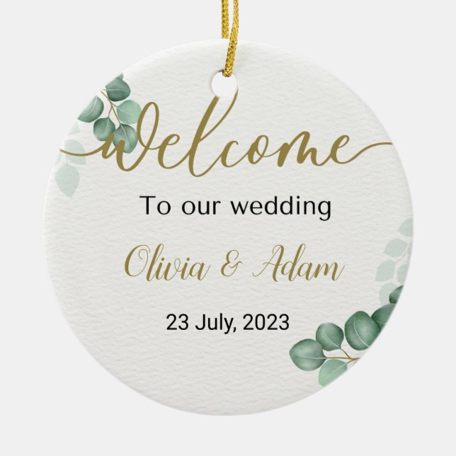 Grönt Välkomstskylt för vattenfärg Eucalyptus Bröl Julgransprydnad Keramik (Framsidan)