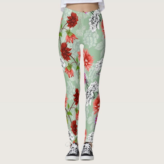 Grönt Vår Blommigt: Hand plockade Leggings (Framsida)