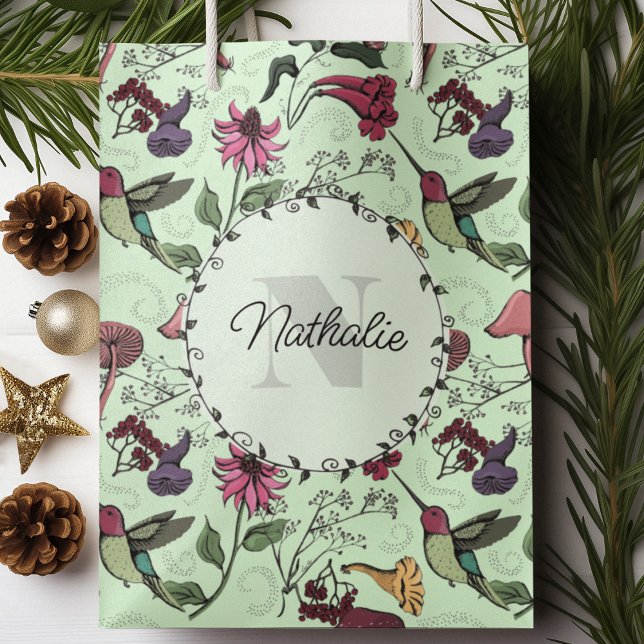 Grönt Vår Garden Hummingbird Blommigt (Personalized Enchanted Spring Garden Hummingbird wrapping paper, with custom Monogram and Name :)))