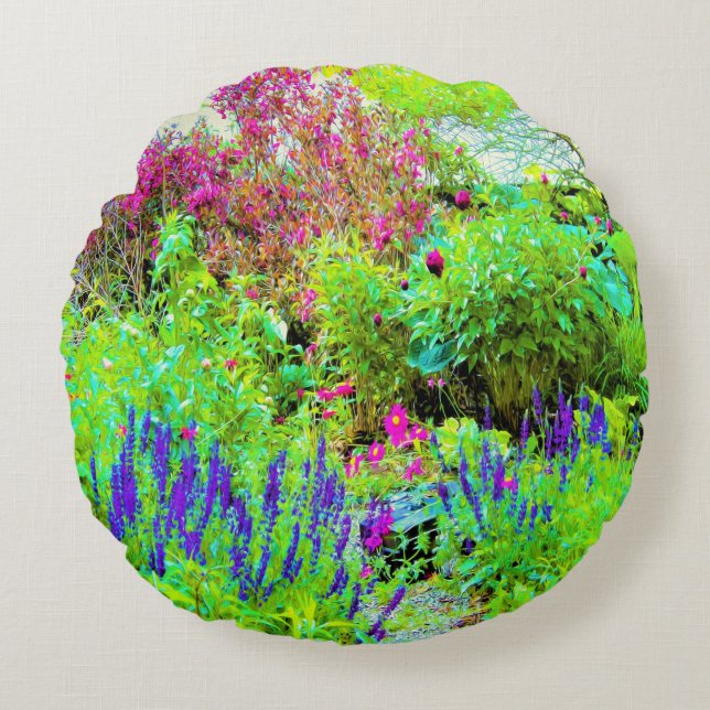 Grönt Vår Garden Landscape med ponnyer Rund Kudde (Framsidan)