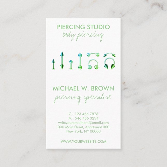 Grönt-vårdkort för kroppens judiska Piercing Visitkort (Framsida)