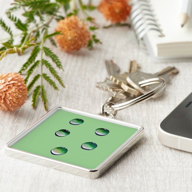 Grönt vatten droppar vatten art fyrkantig silverfärgad nyckelring (Sidan)