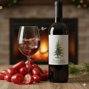 Grönt Vattenfärg Spruce God jul White Vinflaska Etikett