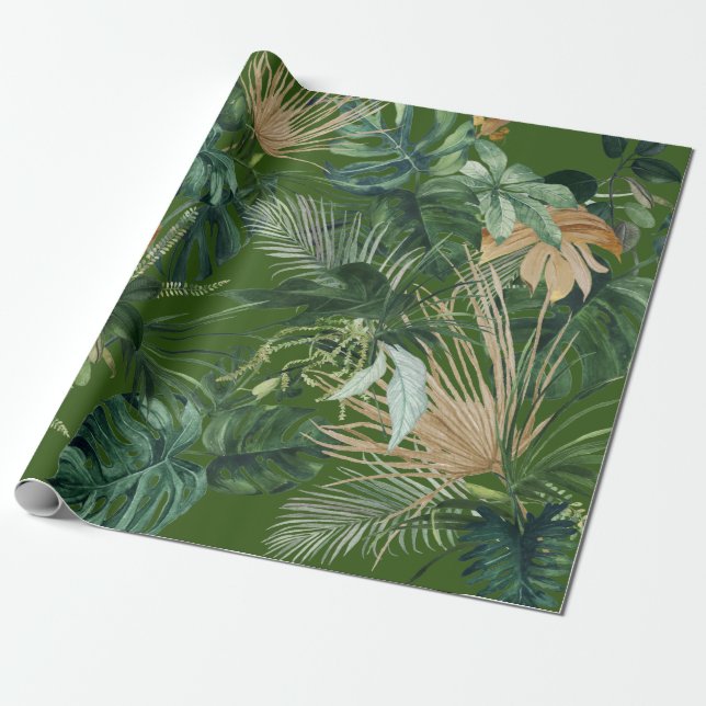 Grönt vattenfärg tropiska blad  presentpapper (Utrullad)