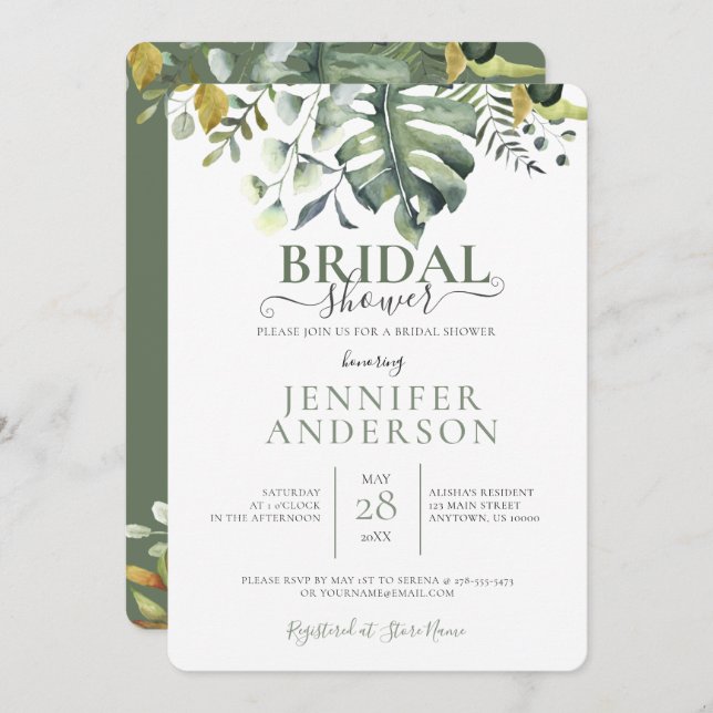 Grönt Vattenfärgad botanisk Möhippa Inbjudningar (Fram/baksida)