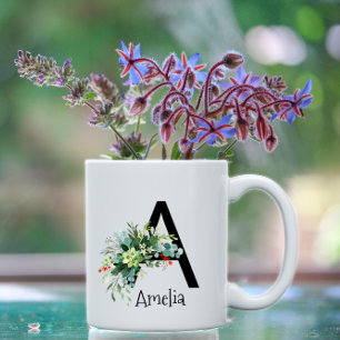 Grönt vattenfärgsblomma, monogram, vitt kaffe mugg