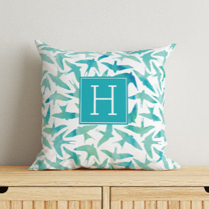 Grönt Vattenfärgsfåglar, monogrammat Kudde