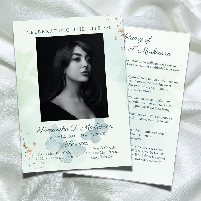 Grönt Vattenfärgsfjäril Funeral Obituary Program (Skapare uppladdad)