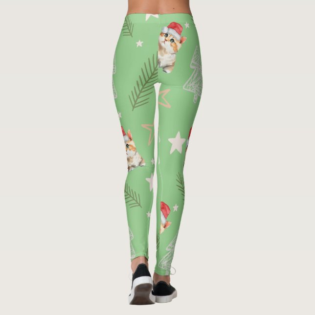 Grönt vattenfärgskattunge Santa God jul Leggings (Baksida)