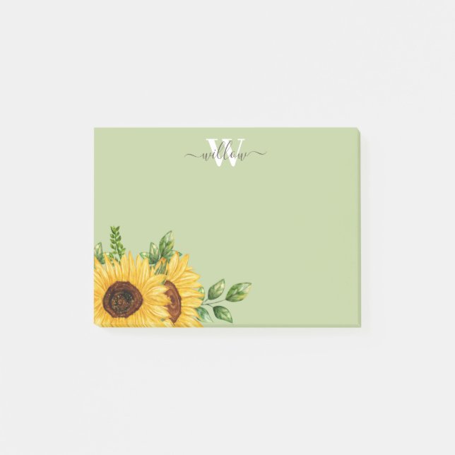 Grönt Vattenfärgsolros med Monogram Post-it Block (Framsida)