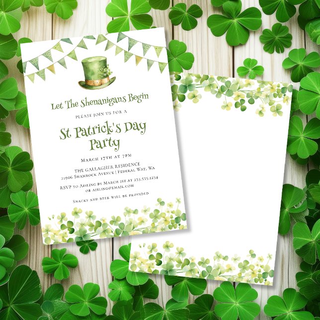 Grönt vattenfärgsshimrock St Patrick's Day-fest Inbjudningar (Green Watercolor Shamrock St Patrick's Day Party Invitation)