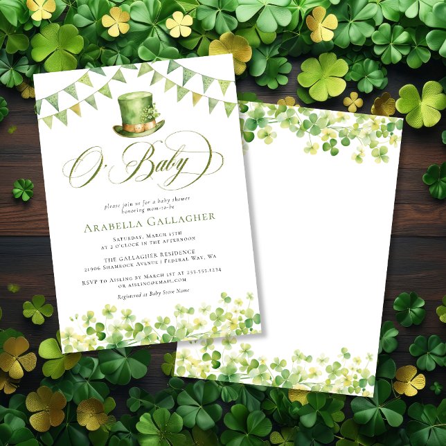 Grönt Vattenfärgsskugga för babykläder Inbjudningar (Green Watercolor Shamrock Baby Shower Invitation)