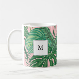 Grönt vattenfärgstropiska löv monogram kaffemugg