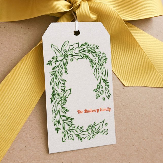 Grönt Vattensfärgad jul Utandning Märkre Presentetikett (Watercolor Christmas wreath personalized family name gift tags.)