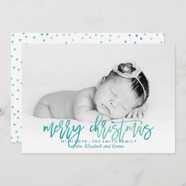 Grönt Vattentärsfärg Typografi Julfoto Julkort (Fram/baksida)