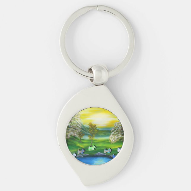 Grönt Venus Scotties på Pond Swirl Silverfärgad Nyckelring (Framsidan)