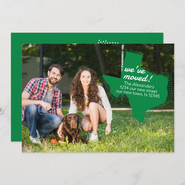 Grönt Vi har flyttat - Flytta i Docka Texas Meddelande (Fram/baksida)