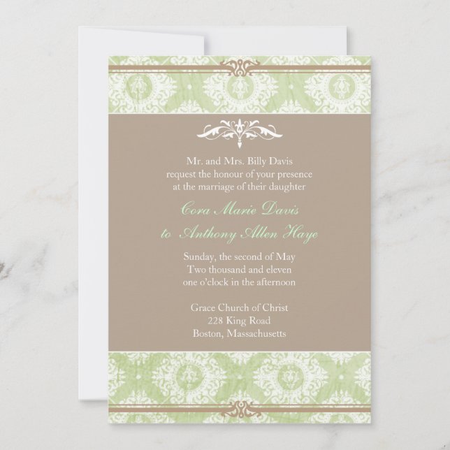 Grönt Victoria Damask Wedding bjudande Inbjudningar (Framsida)