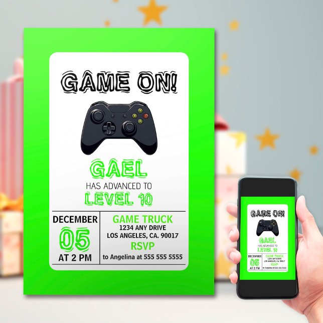 Grönt Video Game Lastbil, födelsedag Inbjudningar (Skapare uppladdad)