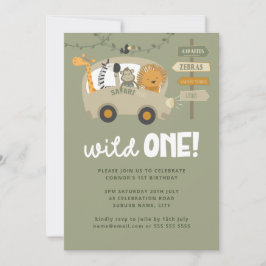 Grönt Vild 1 Safari-djur första födelsedag  Inbjudningar