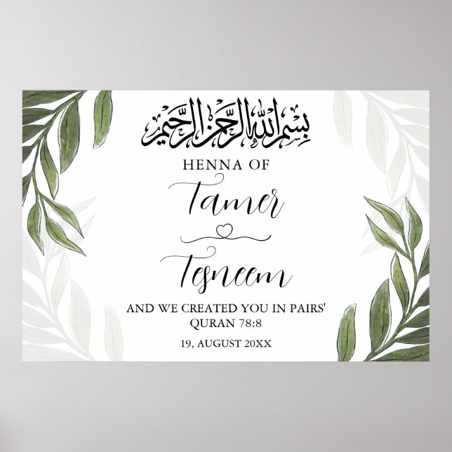 Grönt Vine Muslim Islamic Henna Party Sign Board Poster (Framsidan)