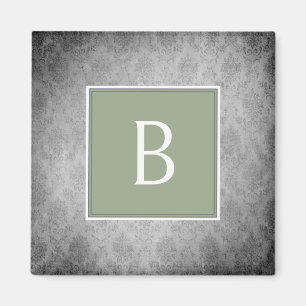 Grönt Vintage Damask Monogram Magnet