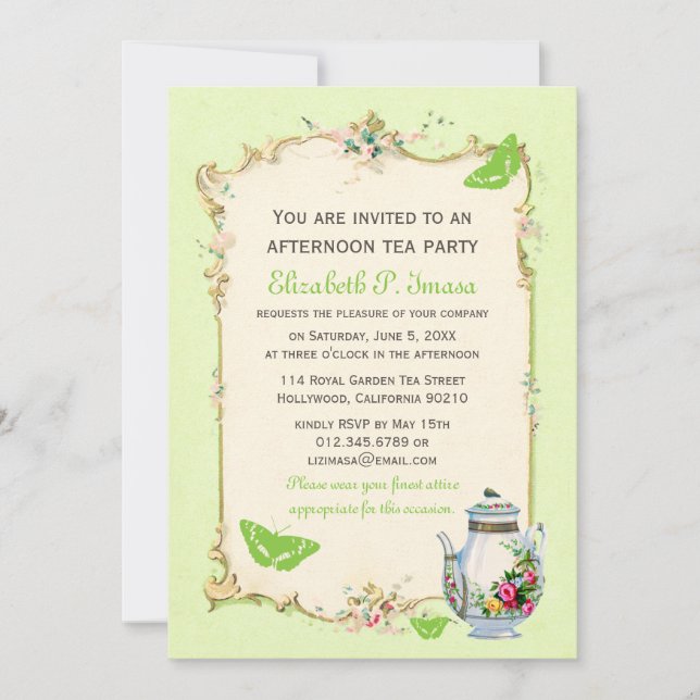Grönt Vintage Fransk Tea Party Inbjudningar (Framsida)
