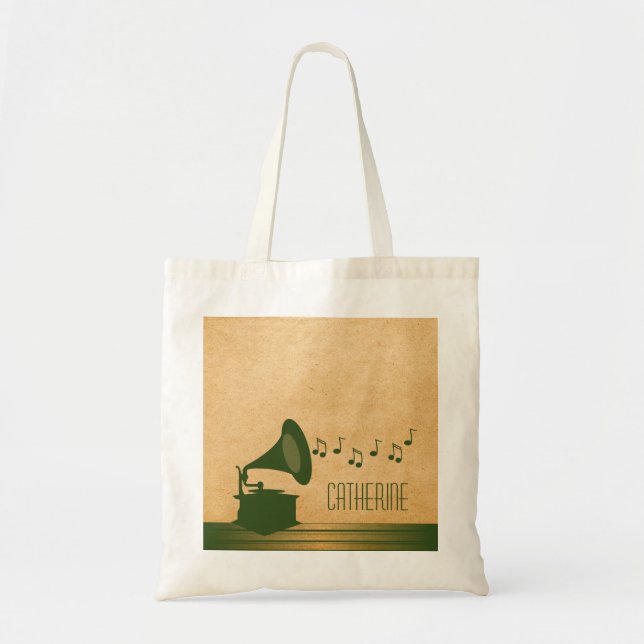 Grönt Vintage Gramophone Tote Bag Tygkasse (Framsidan)