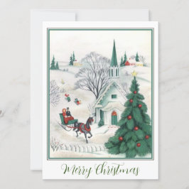 Grönt Vintage jul Horse Sleigh i kyrkan Julkort