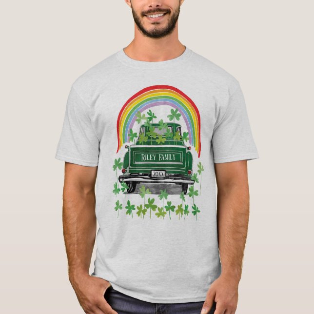 Grönt Vintage Lastbil Shamrock Rainbow Namn T Shirt (Framsida)