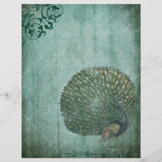 Grönt Vintage Peacock Scrapbook Papper (Framsida)