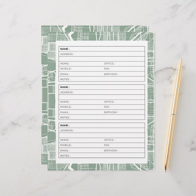 Grönt vintage street karta adressat bok sida (Fram/Back In Situ)