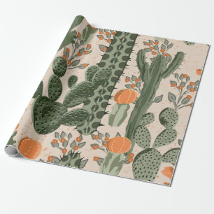 Grönt vintage succulus cactus och orange blommor  presentpapper