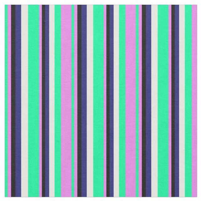 Grönt, Violet, Black, Midnight Blue & White Linjer Tyg (Närbild)