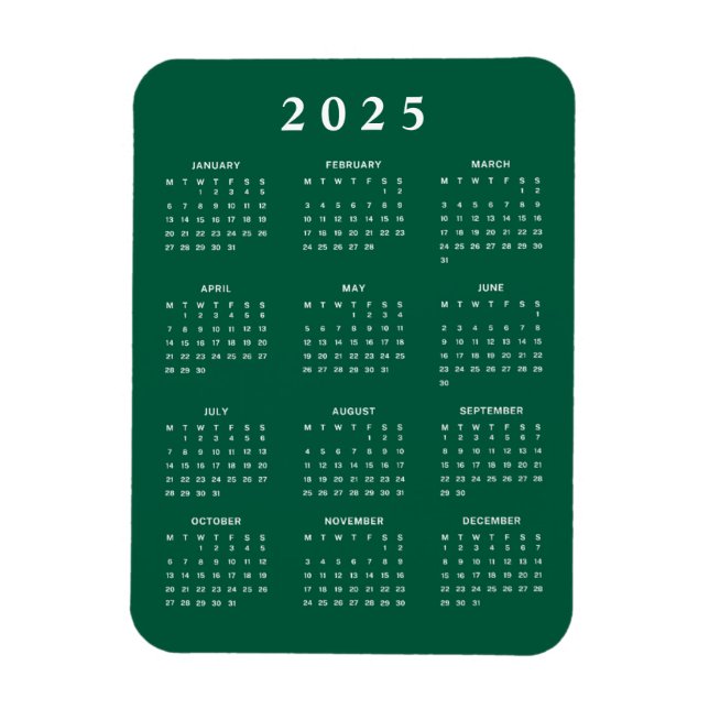 Grönt Vit 2025 Månadskalender Magnet (Vertikal)