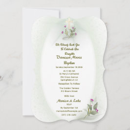 Grönt&vit blommigt Baptism-inbjudan Inbjudningar