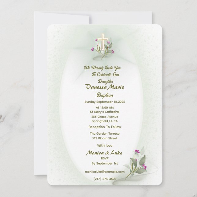 Grönt&vit blommigt Baptism-inbjudan Inbjudningar (Framsida)