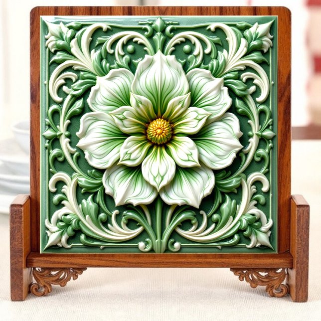Grönt & vit Blommigt Harmony Ceramic Tile Kakelplatta (Skapare uppladdad)