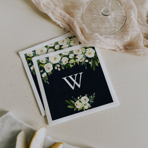 Grönt Vit Blommigt Royal Blue Monogram Bröllop Pappersservett