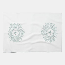 Grönt, vit cirkel, löv monogram teckning par kökshandduk