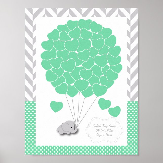 Grönt, vit Grått Elephant Baby Shower - Gäst Poster (Framsidan)