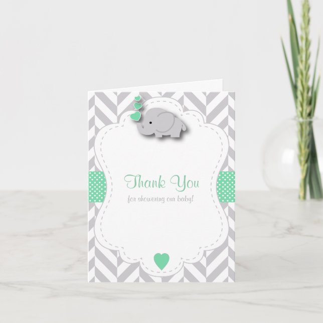 Grönt, vit Grått Elephant Baby Shower Tack Kort (Framsida)