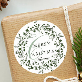 Grönt & Vit Modern Wildblomsterjul Runt Klistermärke