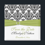 Grönt-, vit- och Black Damask Wedding Magnet<br><div class="desc">Spara datum magneter överensstämmer med inbjudningarna och andra punkter som visas nedan. Du kan också anpassa det till att säga "Tack" och använda det som en bröllopsförmån för dina gäster. Om det finns några andra matchande objekt som du behöver,  skicka e-post till mig med din begäran.</div>