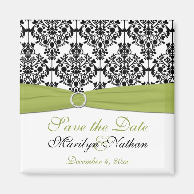 Grönt-, vit- och Black Damask Wedding Magnet (Framsidan)