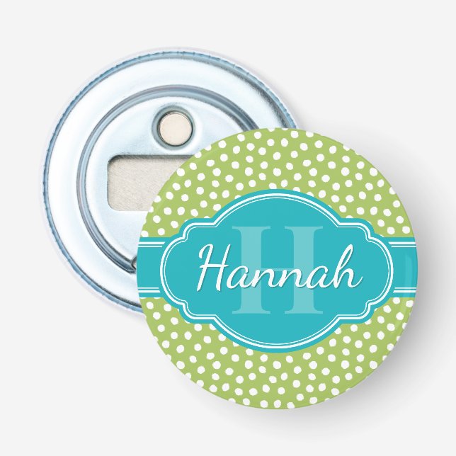 Grönt Vit prickad Mönster Teal Monogram Flasköppnare (Framsidan)