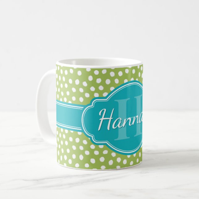 Grönt Vit prickad Mönster Teal Monogram Kaffemugg (Framsida vänster)